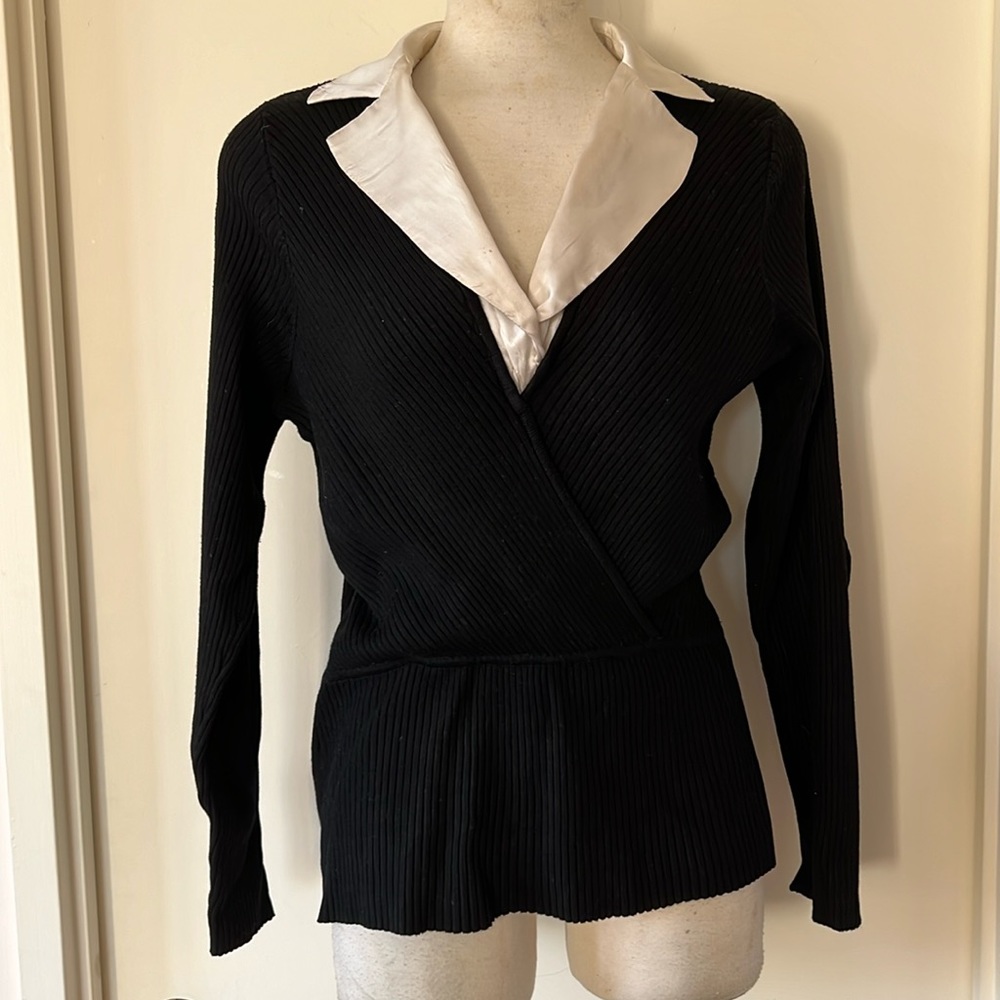 Vintage Black Sweater with Cream Silk Collar L VGUC